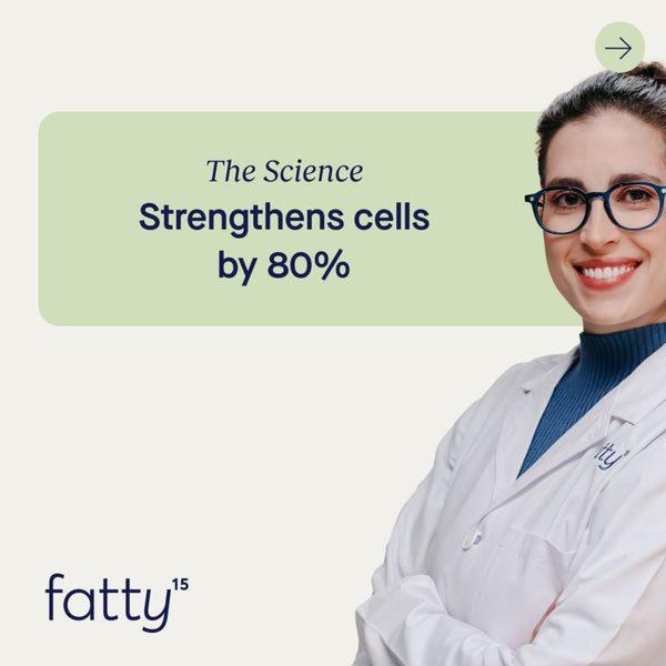This ad features a person in a lab coat alongside a direct, scientific performance claim about cell health to build immediate consumer trust.